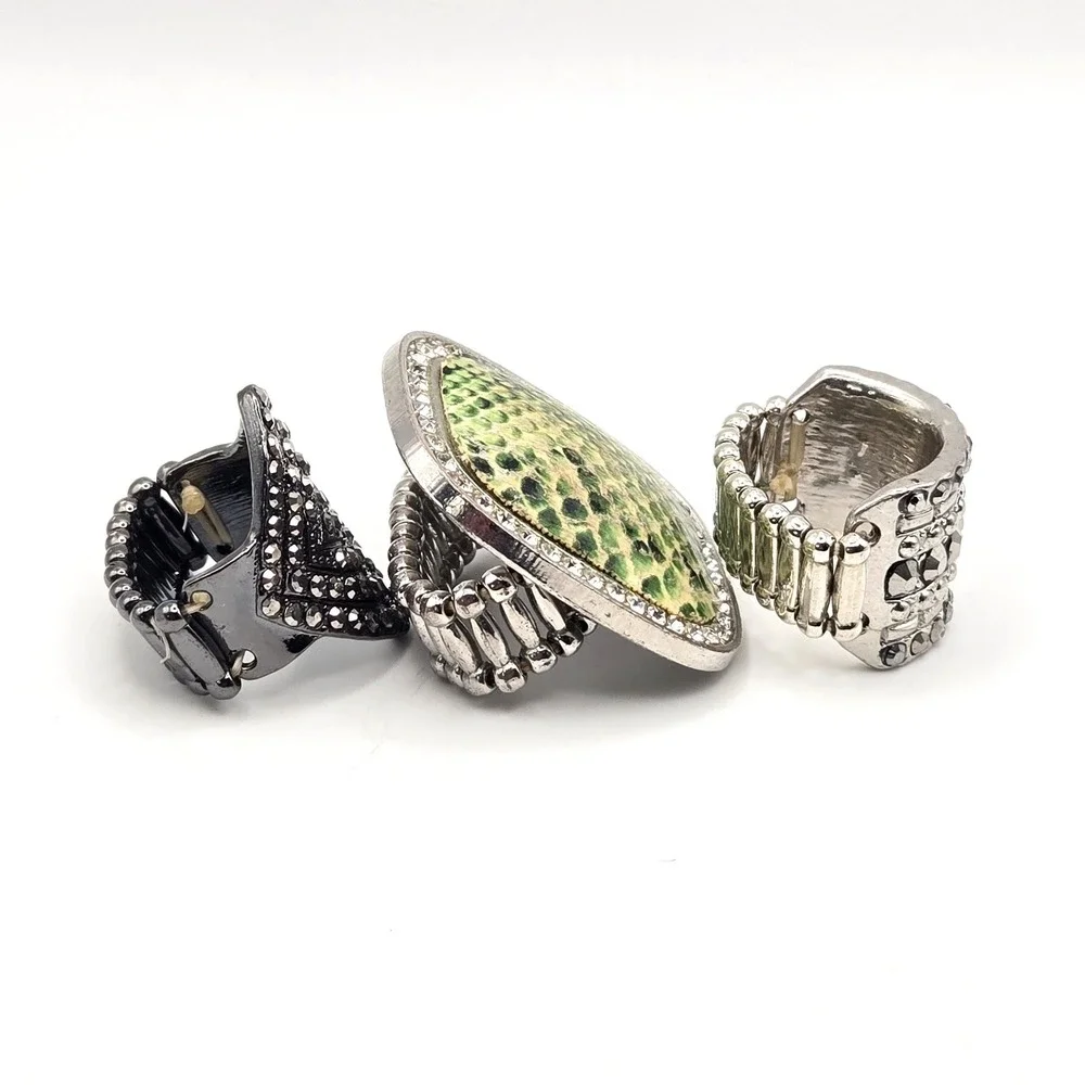 Paparazzi Stretch Rings Set‎ 3 Silver Gunmetal Green Snakeskin Rhinestone